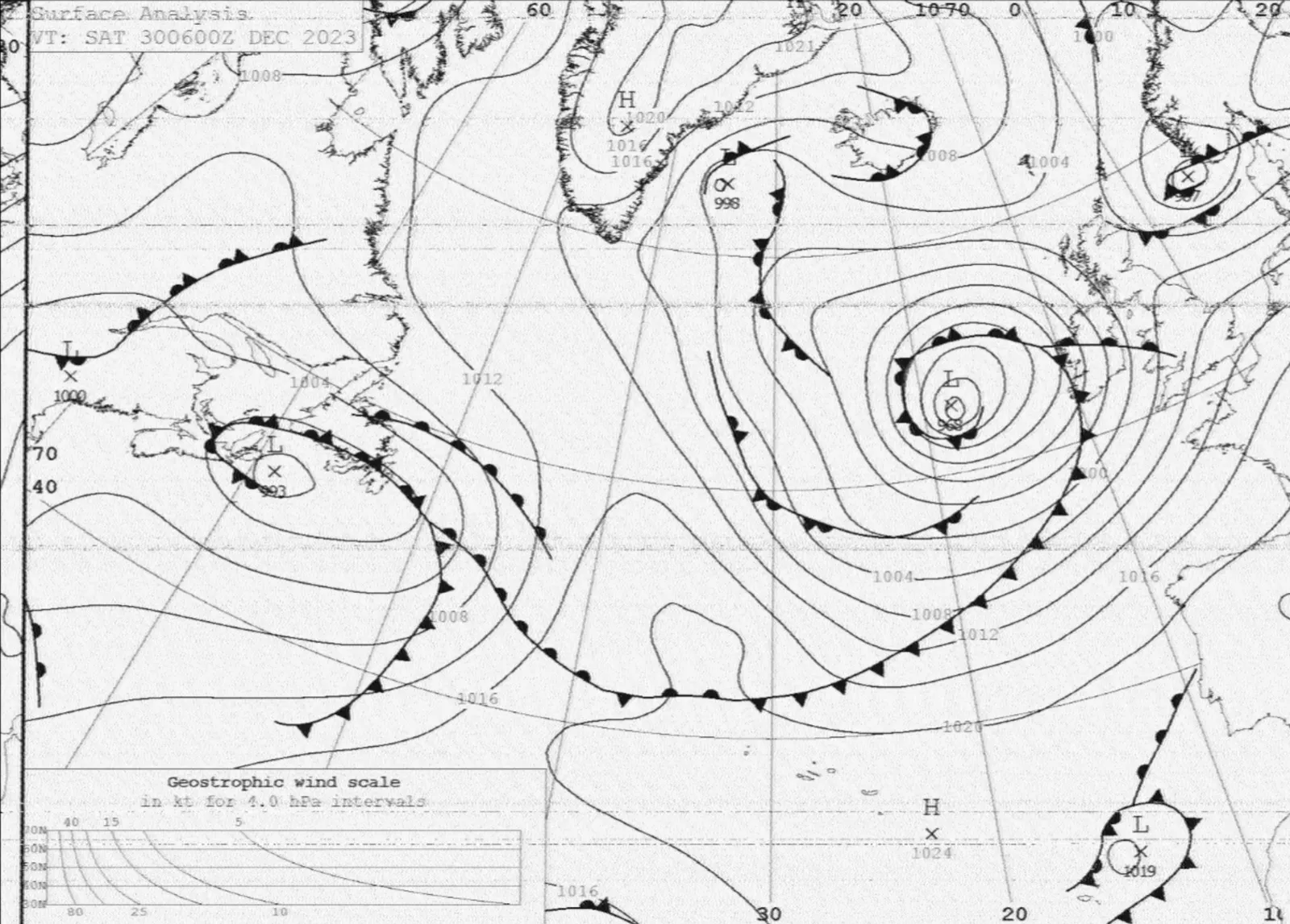 Weather chart received by short-wave radio and a simple wire antenna in the mast.