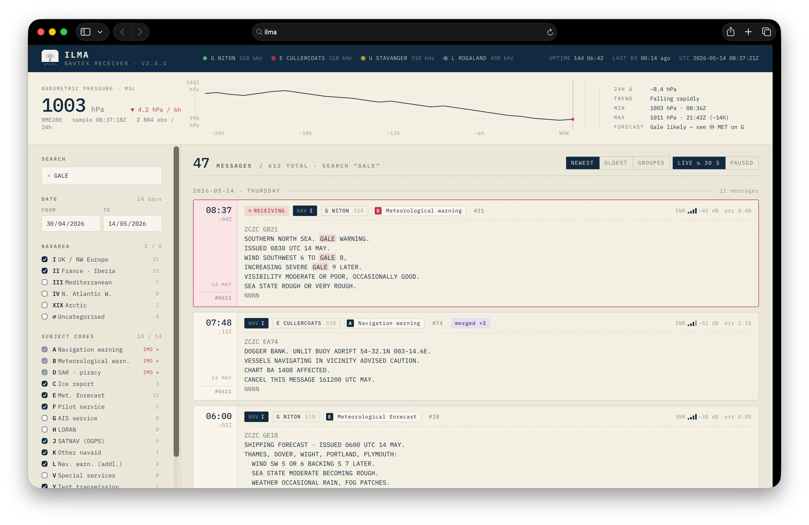 The web interface listing decoded Navtex messages with a filter for message type.