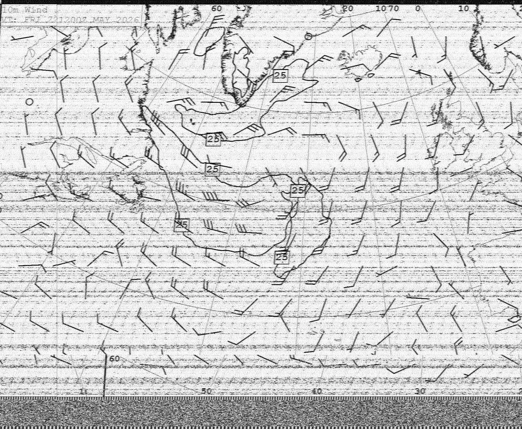 A weather fax chart decoded by the Pi: a 48-hour North Atlantic wind forecast with straight vertical lines.