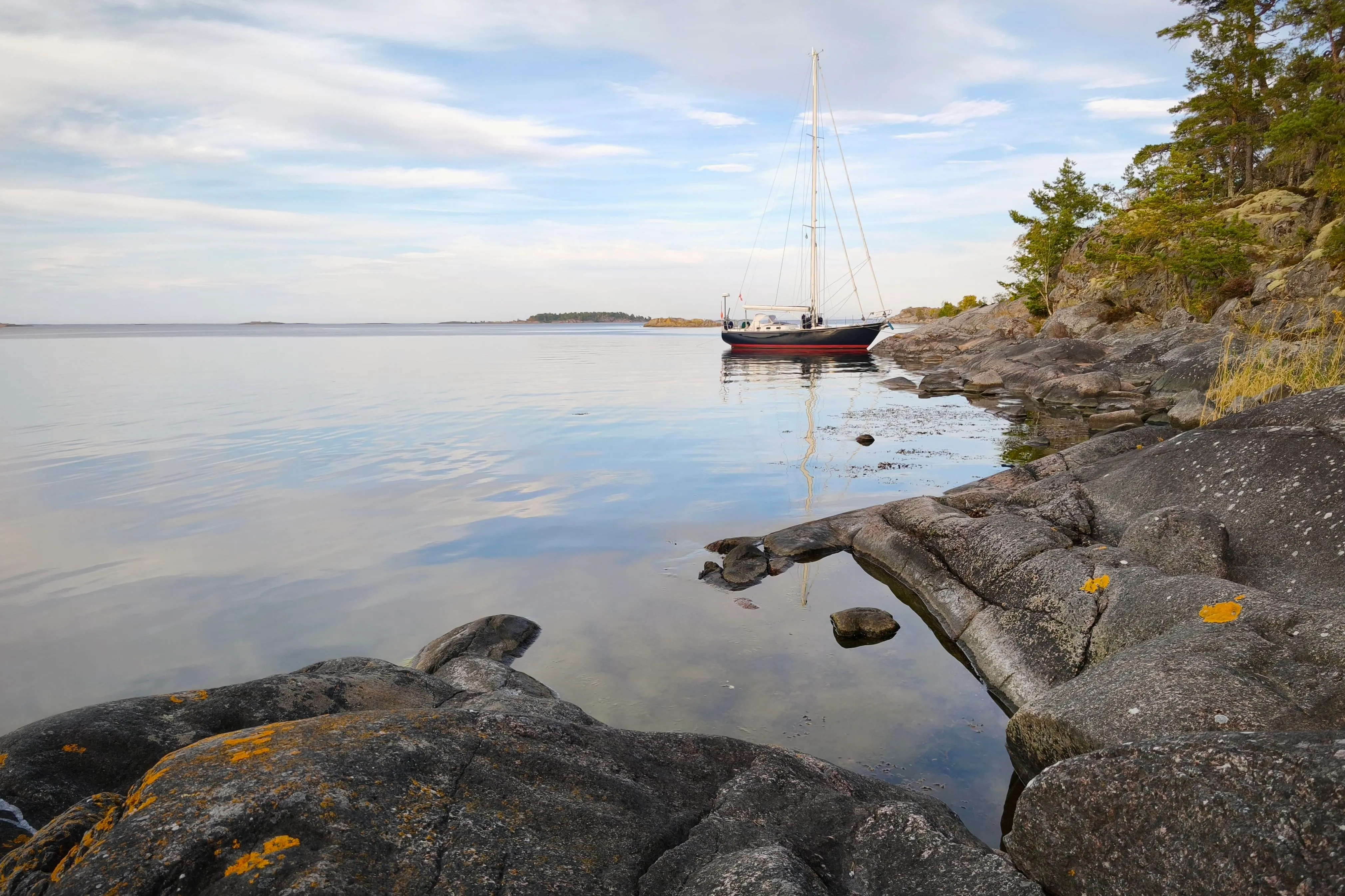 Moored with a stern anchor on the rocks in Stora Förö, Swedish Blåkusten.