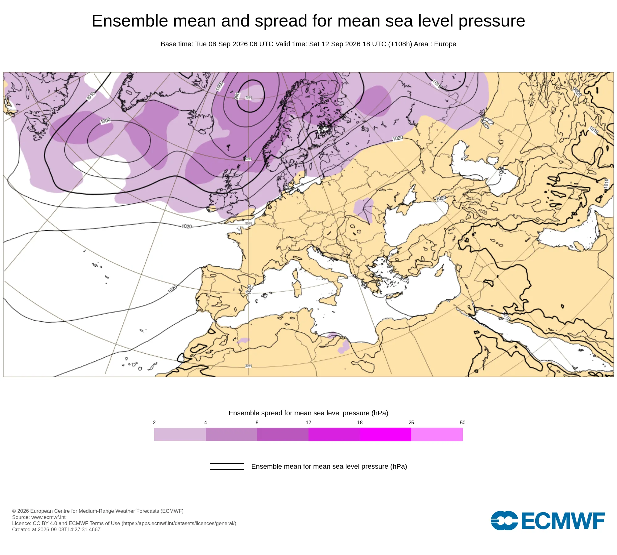 4-day ECMWF forecast: a high-pressure ridge is extending from the Azores to western Russia.