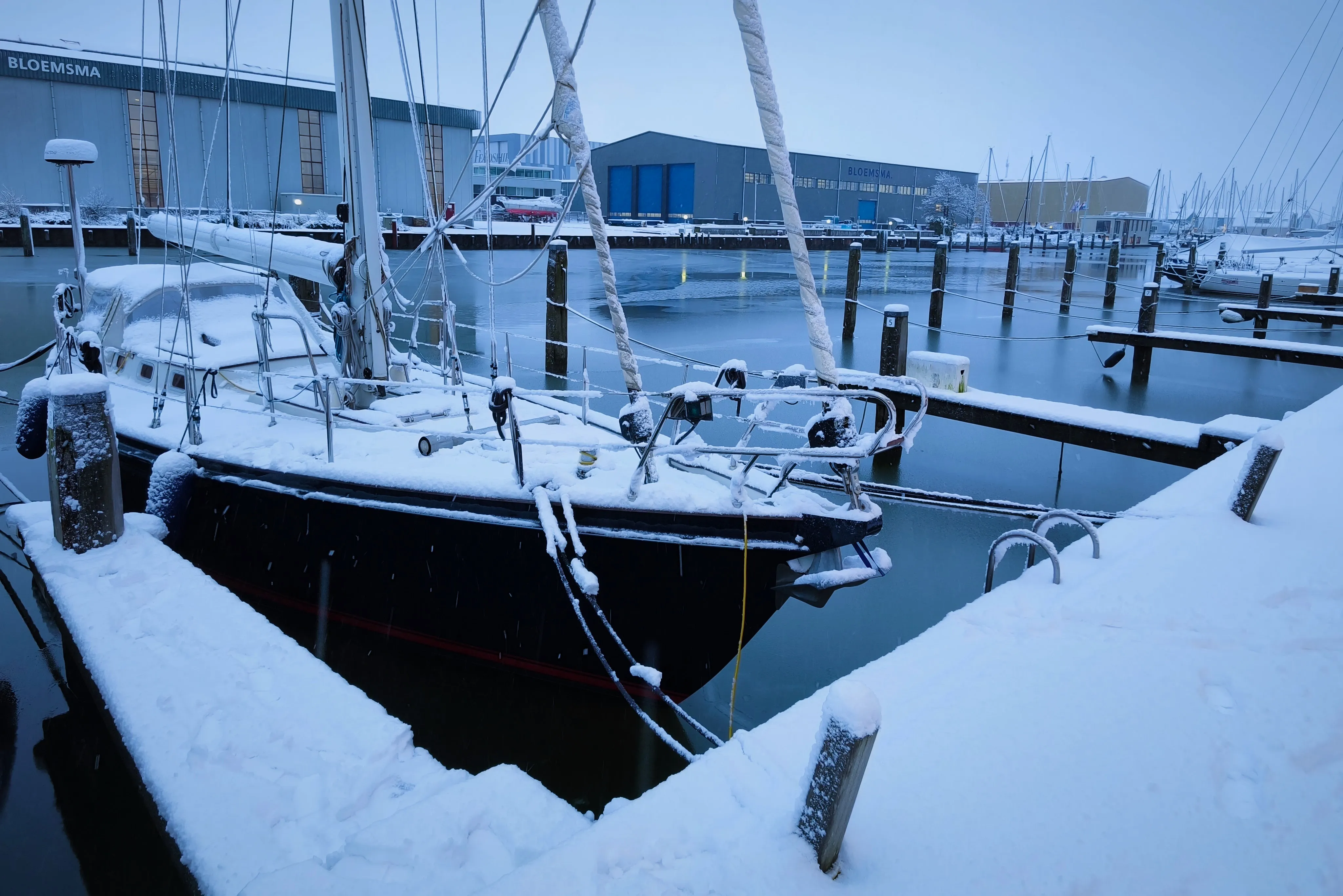 Snow covers the deck of Coelacanth.