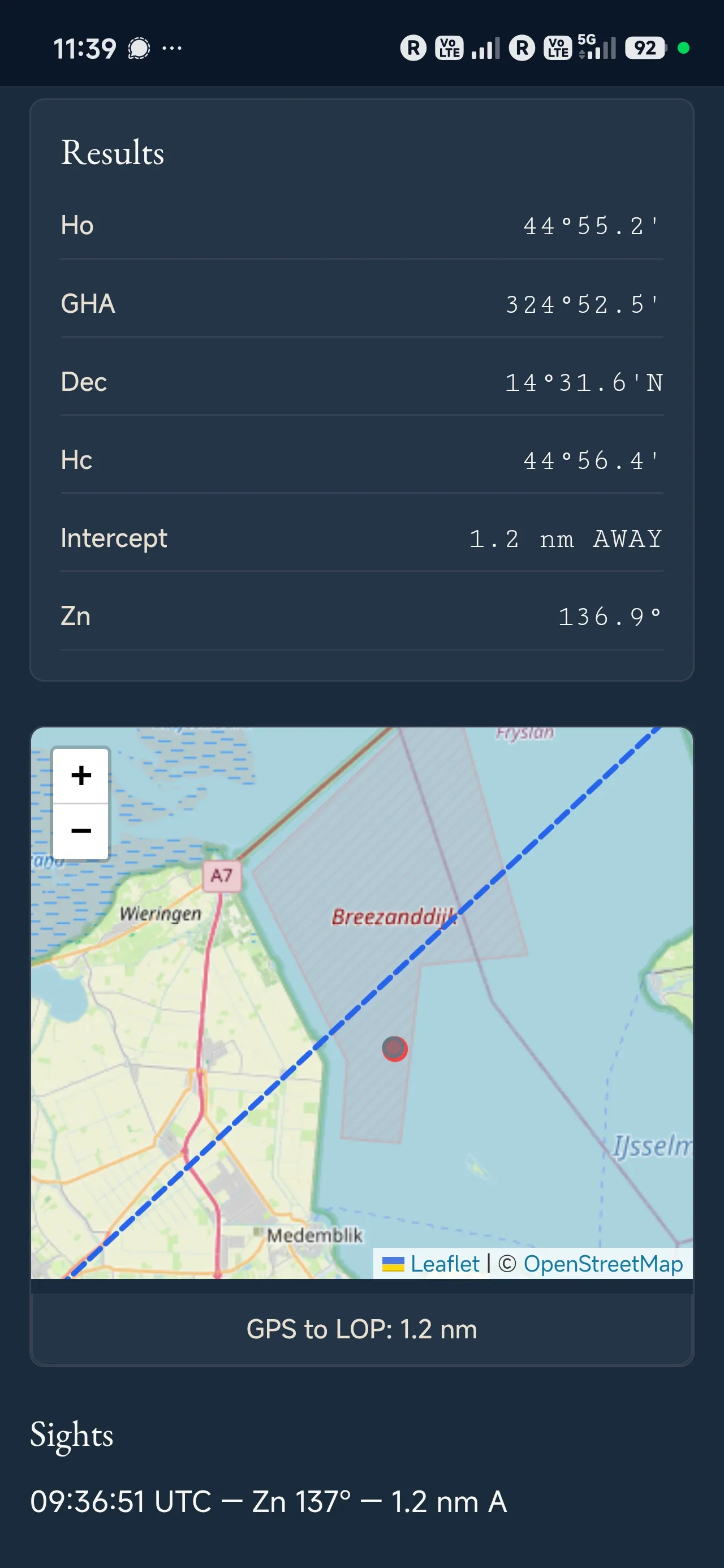 The computed line of position falls 1.2 nautical miles from the GPS fix.